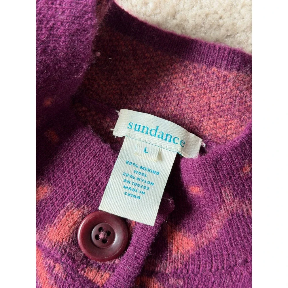Sundance Cardigan Coat Merino Wool Blend Button Front Jacquard Purple Pink Large